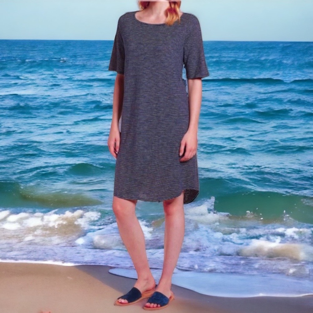 Eileen Fisher Dress T Shirt Comfy Xsmall Bateau Neck Elbow Sleeves Tiny Stripes